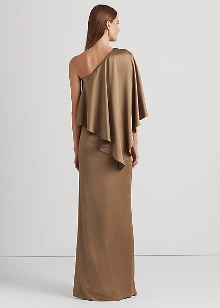 Ralph Lauren Satin One-Shoulder Cape Gown
