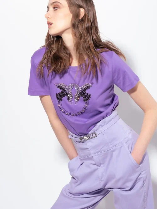 PINKO T-SHIRT WITH LOVE BIRDS EMBROIDERY