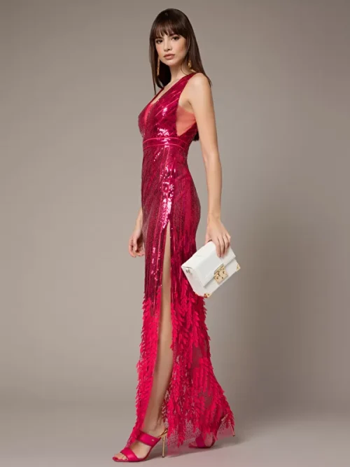 Elisabetta Franchi Red carpet dress in sequins with leaves