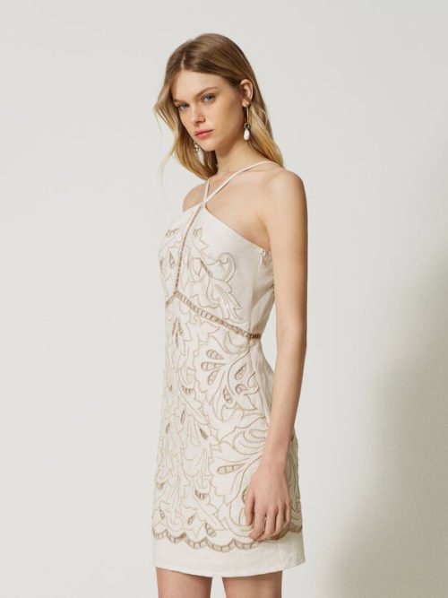 Twinset Short linen and lurex dress with embroidery