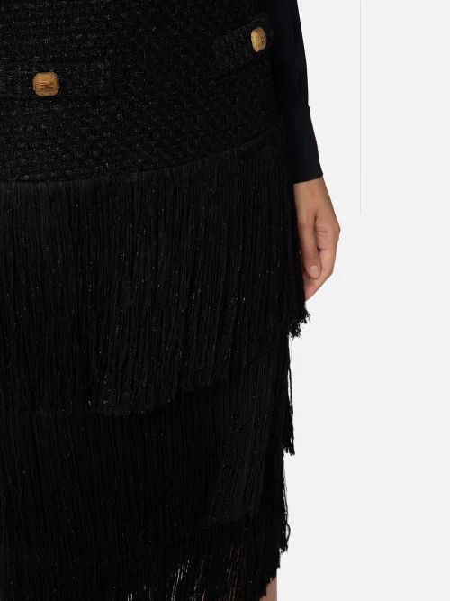 Elisabetta Franchi Midi skirt in tweed fabric with fringes