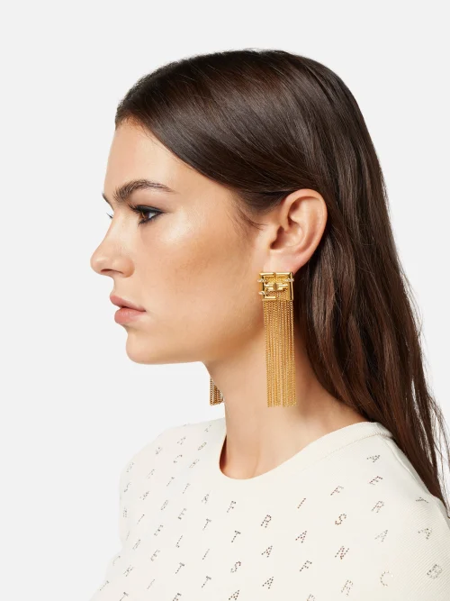 Elisabetta Franchi Pendant logo earrings with tassels and rhinestones