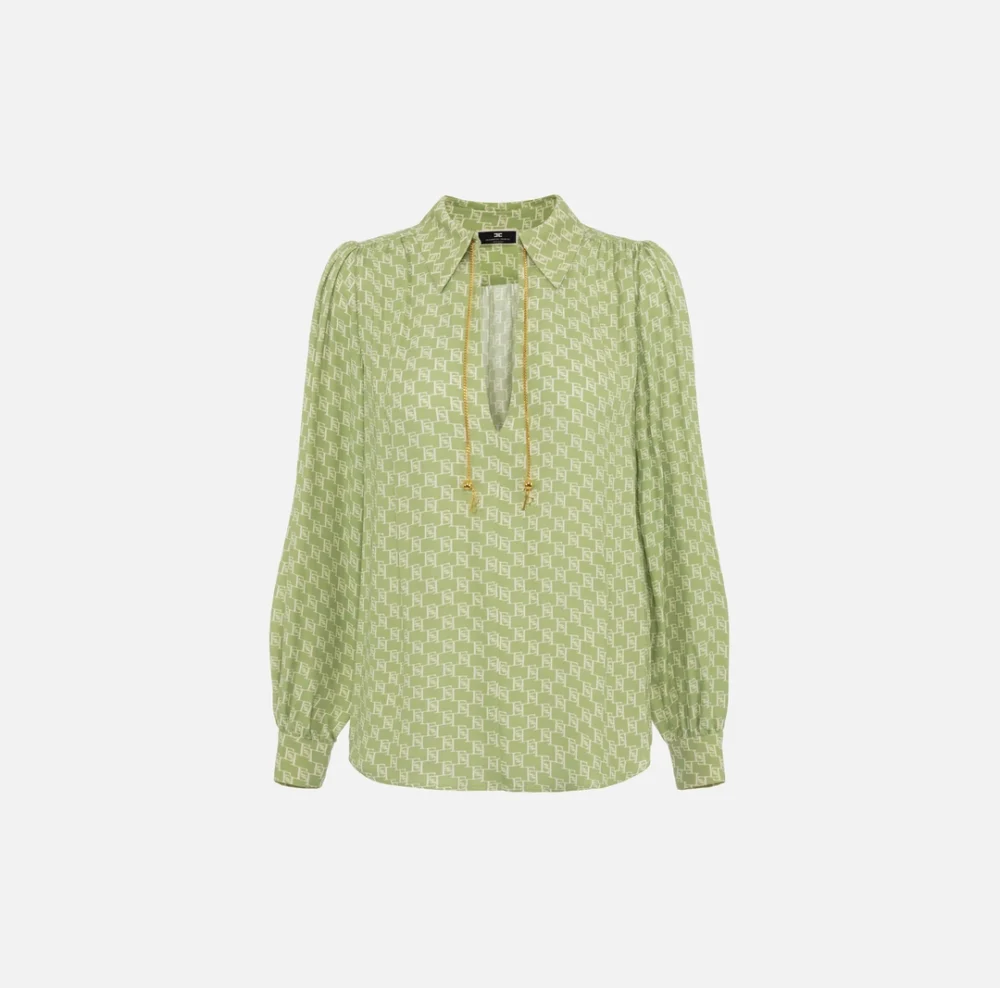 Elisabetta Franchi Blouse in viscose georgette fabric with logo print and accessory at the neck