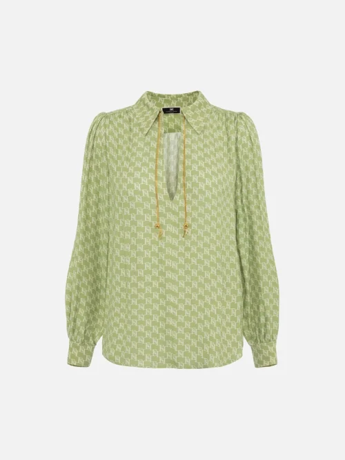 Elisabetta Franchi Blouse in viscose georgette fabric with logo print and accessory at the neck