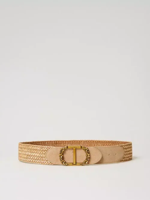 Twinset raffia belt with floral Oval T