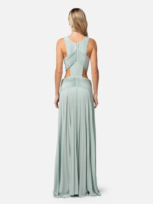 Elisabetta Franchi pleated red carpet dress in lurex jersey with embroidery