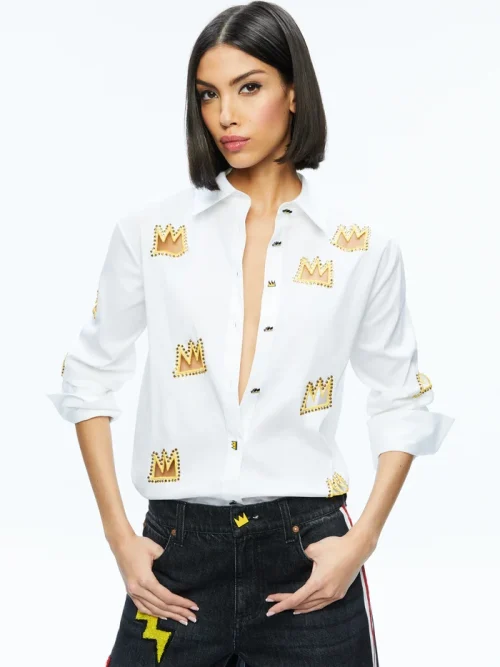 ALICE+OLIVIA A+O X BASQUIAT FINELY EMBELLISHED BUTTON DOWN