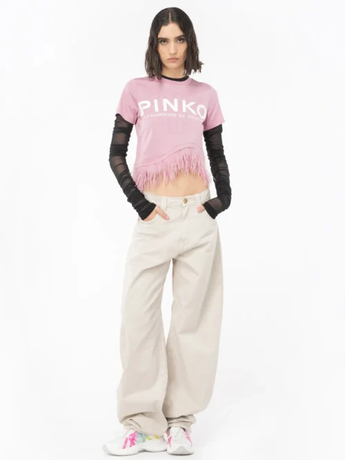 PINKO CITIES T-SHIRT WITH FEATHERS