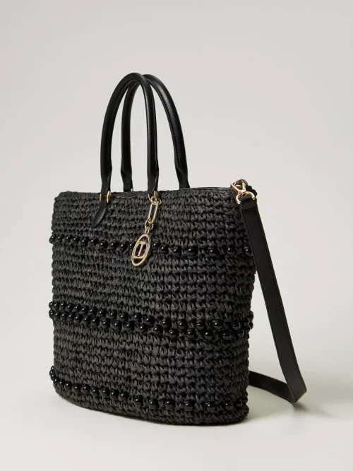 Twinset crocheted raffia shopper with beads