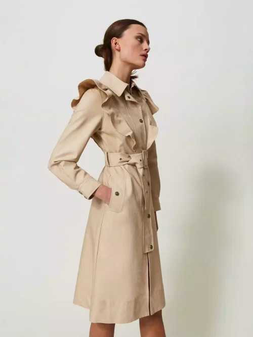 Twinset ouble fabric trench coat with ruffles
