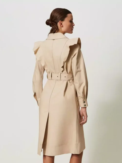 Twinset ouble fabric trench coat with ruffles