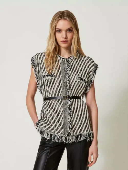 Twinset jacquard knit sleeveless top with fringes