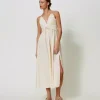 Twinset long poplin dress with Oval T and laces