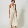 Twinset long poplin dress with Oval T and laces