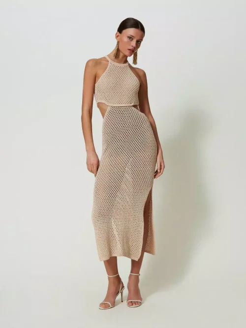 Twinset long linen blend mesh dress