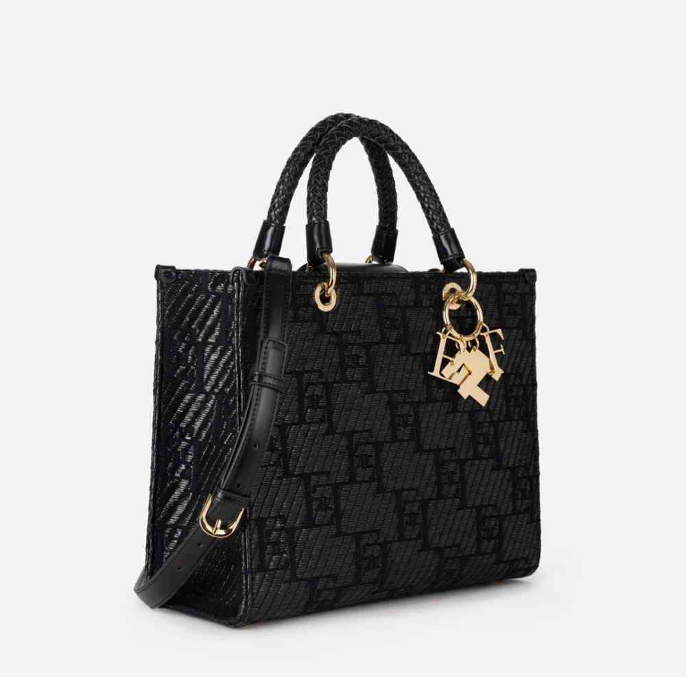 Elisabetta Franchi medium shopper bag in jacquard raffia with charms