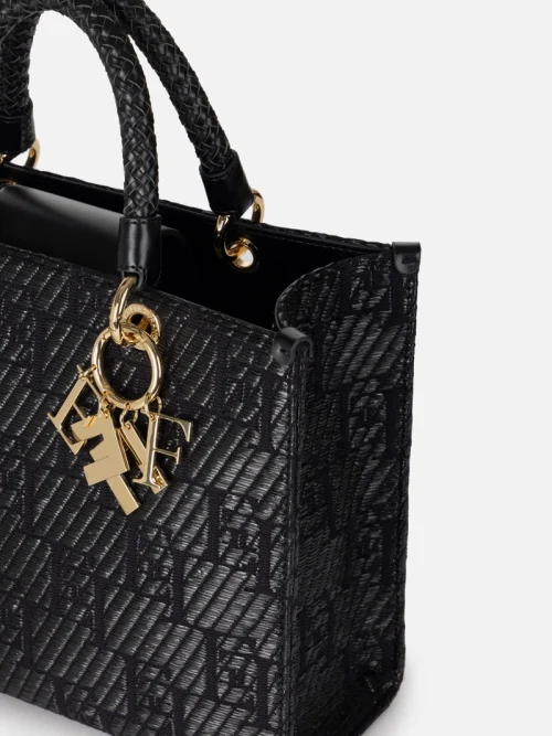 Elisabetta Franchi medium shopper bag in jacquard raffia with charms