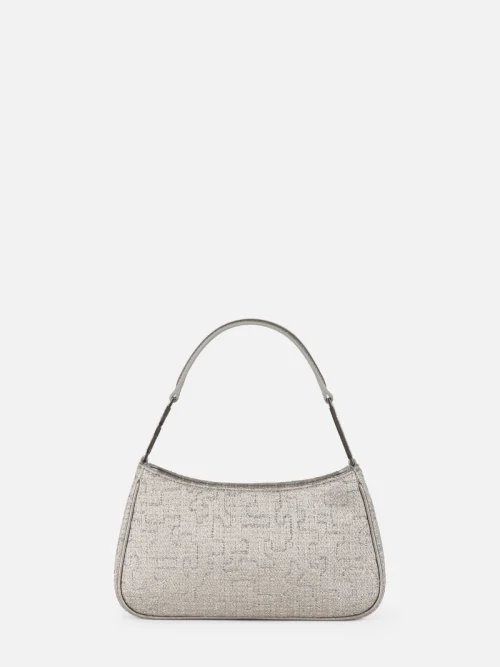Elisabetta Franchi lurex tweed over-the-shoulder bag with rhinestone lettering
