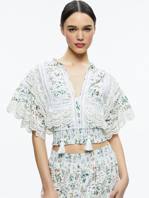 ALICE+OLIVIA TABITHA LACE BUTTON FRONT CROPPED BLOUSE